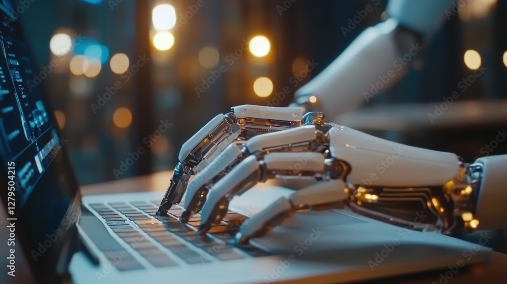 Poster man using laptop for searching of technology smart open ai or artificial intelligence using an artif