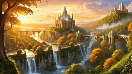 Majestic castle atop rolling hills at sunset with waterfalls and bridges evoking fantasy realms and dreamscapes