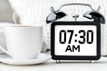 Retro flip clock showing 07:30 AM near a steaming cup of coffee on a minimalist bedside table for a peaceful morning setup
