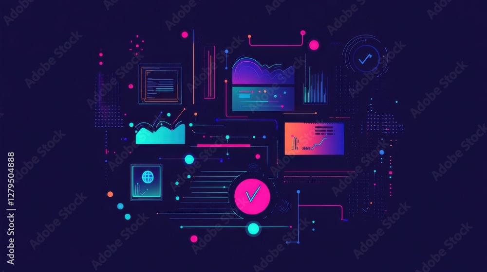Poster big data technology and data science illustration. data flow concept. querying, analysing, visualizi