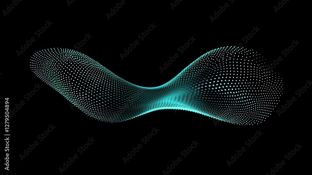 Poster flowing dots particles wave pattern 3d curve halftone blue green gradient curve shape isolated on bl