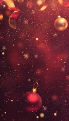 Fototapeta premium Festive red and gold Christmas decorations with falling snowflakes
