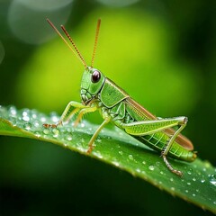 Fototapeta premium A vibrant green grasshopper with intricate patterns on its wings and long, delicate antennae, perched on a dewdrop-covered leaf, with a softly blurred background of lush greenery