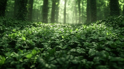 Lush forest floor bathed in sunlight, path through dense foliage