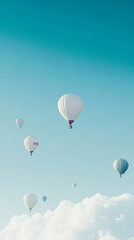 Fototapeta premium A clear blue sky with hot air balloons floating in the distance, minimalist style, white and gray colors, clean background, high-resolution photography, natural light, professional color grading, soft