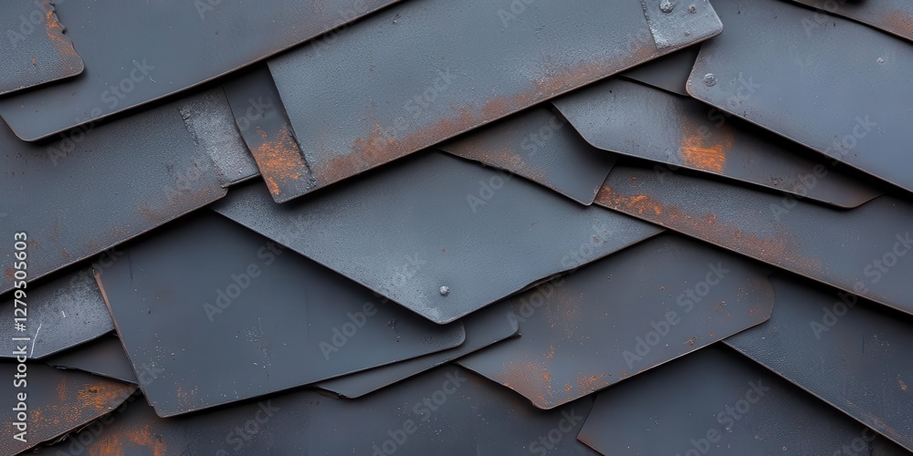 Poster overlapping metal plates bolted together at random angles, creating a unique industrial look with de
