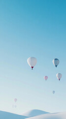 Fototapeta premium A clear blue sky with hot air balloons floating in the distance, minimalist style, white and gray colors, clean background, high-resolution photography, natural light, professional color grading, soft