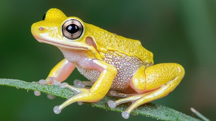Obraz premium Yellow frog perched on leaf, green background, nature photography, wildlife
