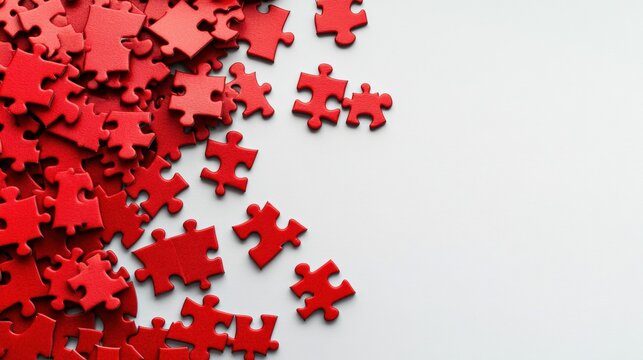 A scattered collection of red puzzle pieces on a clean white surface, ideal for creative projects