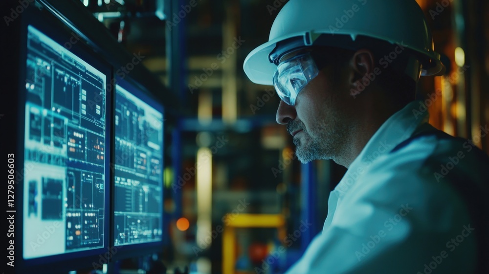 Poster industrial engineer wearing safety glasses and hardhat working on computer in control room monitorin