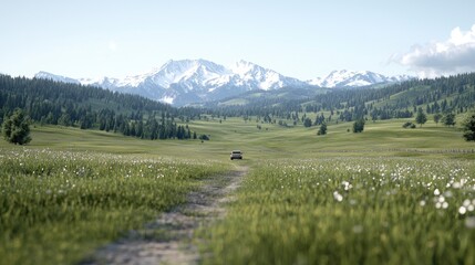 Fototapeta premium Car on mountain meadow road, scenic view, travel