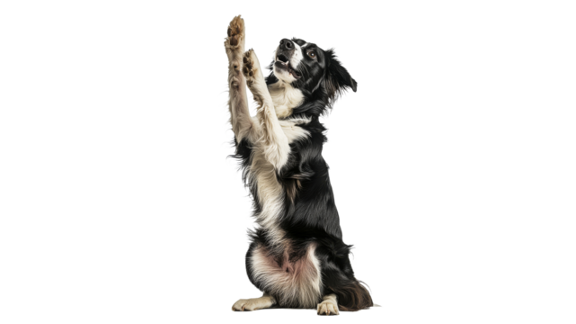 Dog performing a trick with raised paws indoors