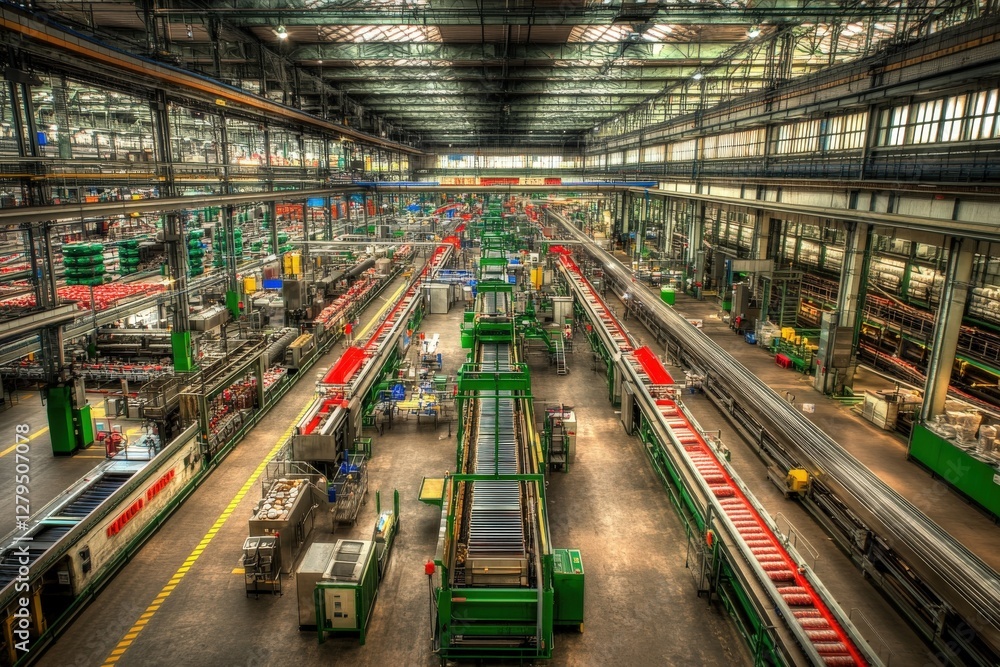 Poster vast industrial factory interior showcasing intricate assembly lines and advanced machinery. a high-