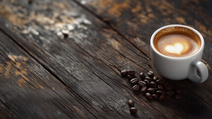  Heartwarming cup of coffee with latte art on rustic wooden table, perfect for café branding, cozy lifestyle promotions, and morning inspiration content. Copy space