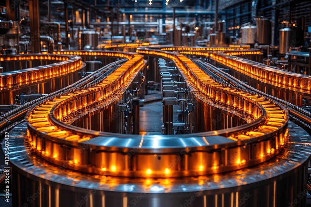 Poster illuminated conveyor belt system in a beverage factory, showcasing the automated process of can prod