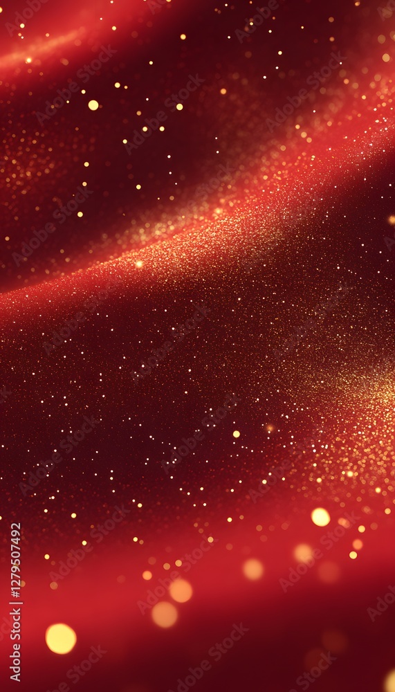 Poster a shimmering red background with golden particles in a wave