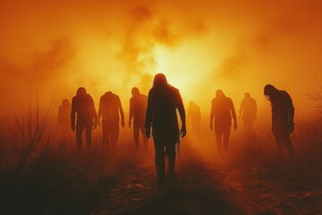 Eerie silhouetted zombies in formation, creating a haunting scene