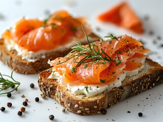 Fresh smoked salmon on multigrain bread with cream cheese, dill garnish and black peppercorns. Appetizing breakfast or brunch setup with selective focus.