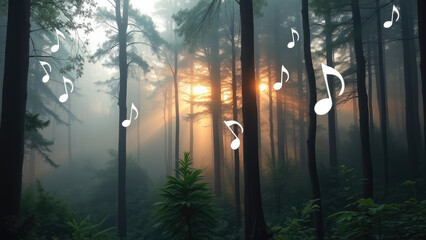Obraz premium Sunlight filters through a misty forest with musical notes enhancing the atmosphere. Generative AI