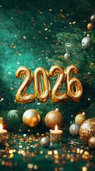 Gold foil number balloons 2026 with Christmas decorations, ornaments, and falling confetti against emerald green background with lit candles and festive bokeh.