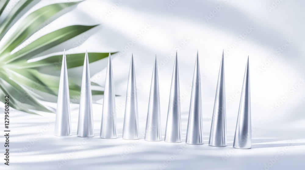 Poster sleek white conical objects arranged in a line with soft shadows and green foliage in the background