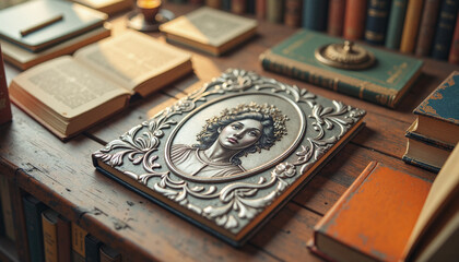 Generational portrait showing ancestry in quiet library, scholarly heritage