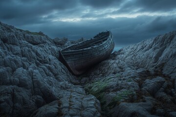 An old ship beached among rocks in a shipwreck scene in a melancholic scene. Ship beached on coastal rocks in a melancholic mood with an overcast sky.