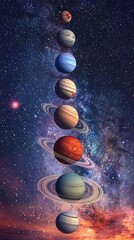   A solar system with eight planets centered around the sun, set against a backdrop of empty space in the background