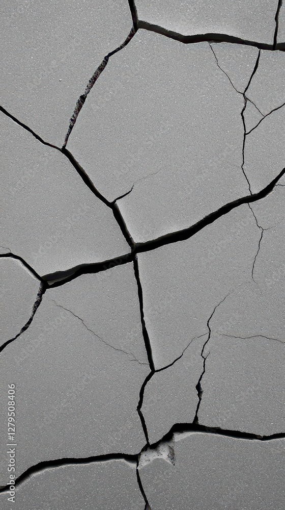 Poster the fractured asphalt surface with deep cracks creates an intricate spiderweb pattern, providing a u