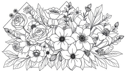 Beautiful floral design featuring roses and blossoms for coloring. Generative AI