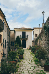 old street in the old town of san marino city with stone walls details and plants 