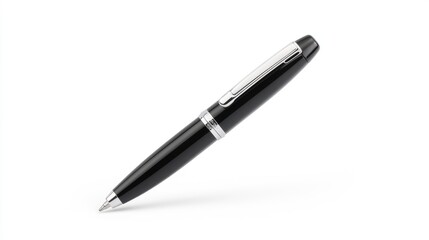 Black ballpoint pen on white background; office supply