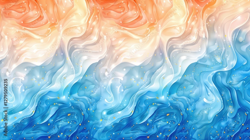 Poster a vibrant abstract design featuring smooth waves of orange, cream, and blue blending together, creat
