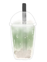 Boba matcha green tea cold drink digital watercolor artwork