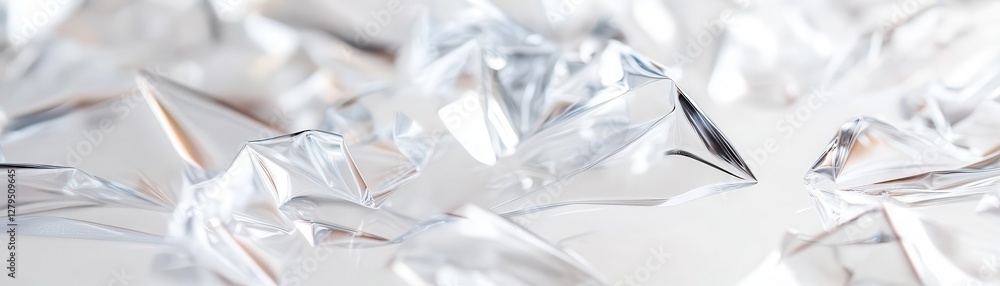 Poster crumpled, semi-transparent plastic with light catching sharp creases and reflections, creating a dyn