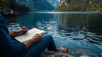 Writer at the lake, journaling near the water's edge in the mountains.
