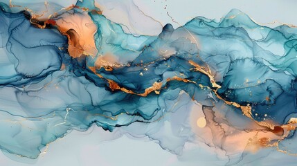 Naklejka premium A vibrant abstract painting featuring flowing waves of blue and gold, creating a sense of movement and tranquility.
