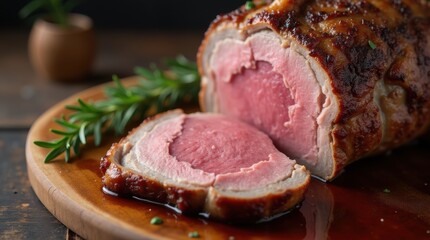 Close-up of a sliced lamb leg, with tender, juicy meat and caramelized edges, served with rosemary and gravy on a dark wooden table.