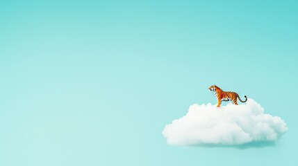 Fototapeta premium Tiger on cloud, blue sky, single eye on cloud top