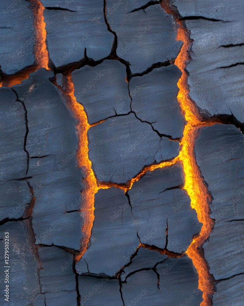 Poster cross-section of tree bark with glowing resin seeping through deep cracks, creating a beautiful blen