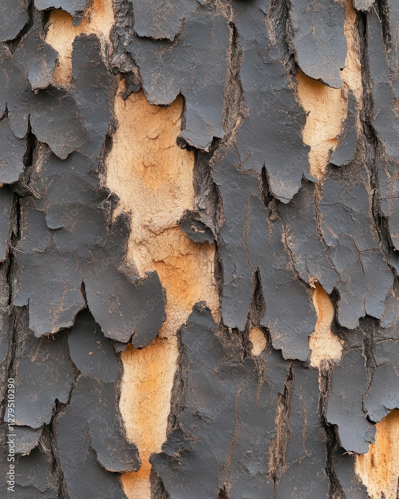 Poster cross-section of tree bark with glowing resin seeping through deep cracks, forming a harmonious bala