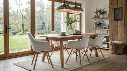 Obraz premium Cozy and Modern Dining Area with Wooden Furniture and Indoor Plants