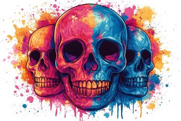 Three skulls with colorful paint on them. The skulls are in the middle of a splash of paint