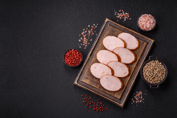 Delicious fresh boiled chicken or pork sausage cut into slices