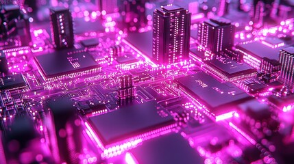 Neon cityscape circuit board, futuristic city on PCB, glowing components