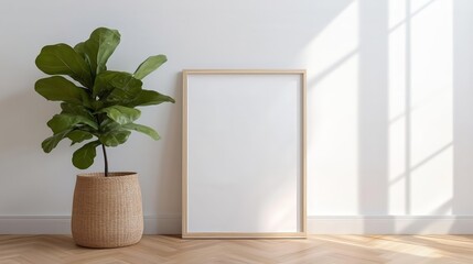 Minimalist interior with blank wooden frame and fiddle leaf fig plant on wooden floor