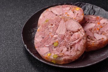 Homemade brawn with salt, spices, herbs and vegetables