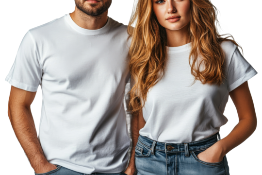 Fashionable couple poses in casual attire indoors