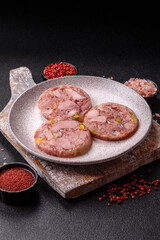 Homemade brawn with salt, spices, herbs and vegetables