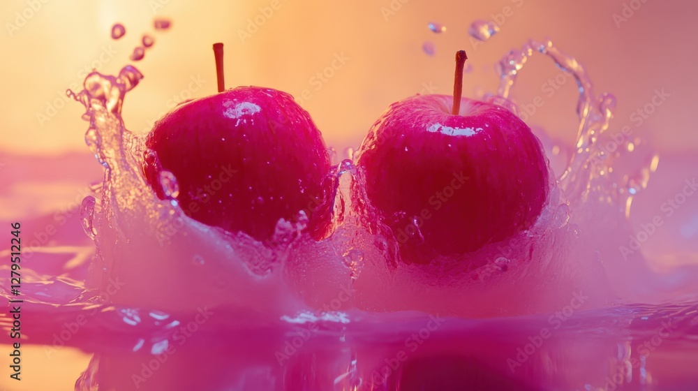 Poster two vibrant red apples splashing into water against a colorful gradient background